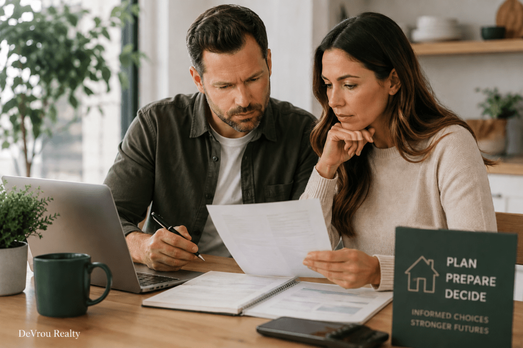 Buyers reviewing mortgage financing and housing market information before purchasing a home.