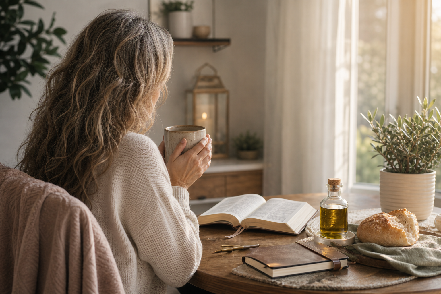 Woman holding a mug beside an open Bible, oil, and bread for a C.A.L.M. Framework devotional about God’s provision.