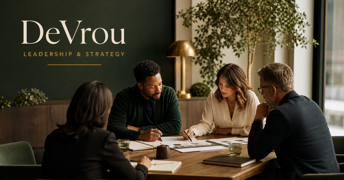 Leadership team reviewing strategy notes and business priorities around a conference table while clarifying goals and next steps.