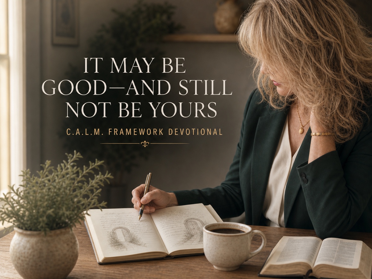 Pamela DeVrou journals beside a cup of coffee and an open Bible beneath the title “It May Be Good—and Still Not Be Yours,” a C.A.L.M. Framework Devotional.