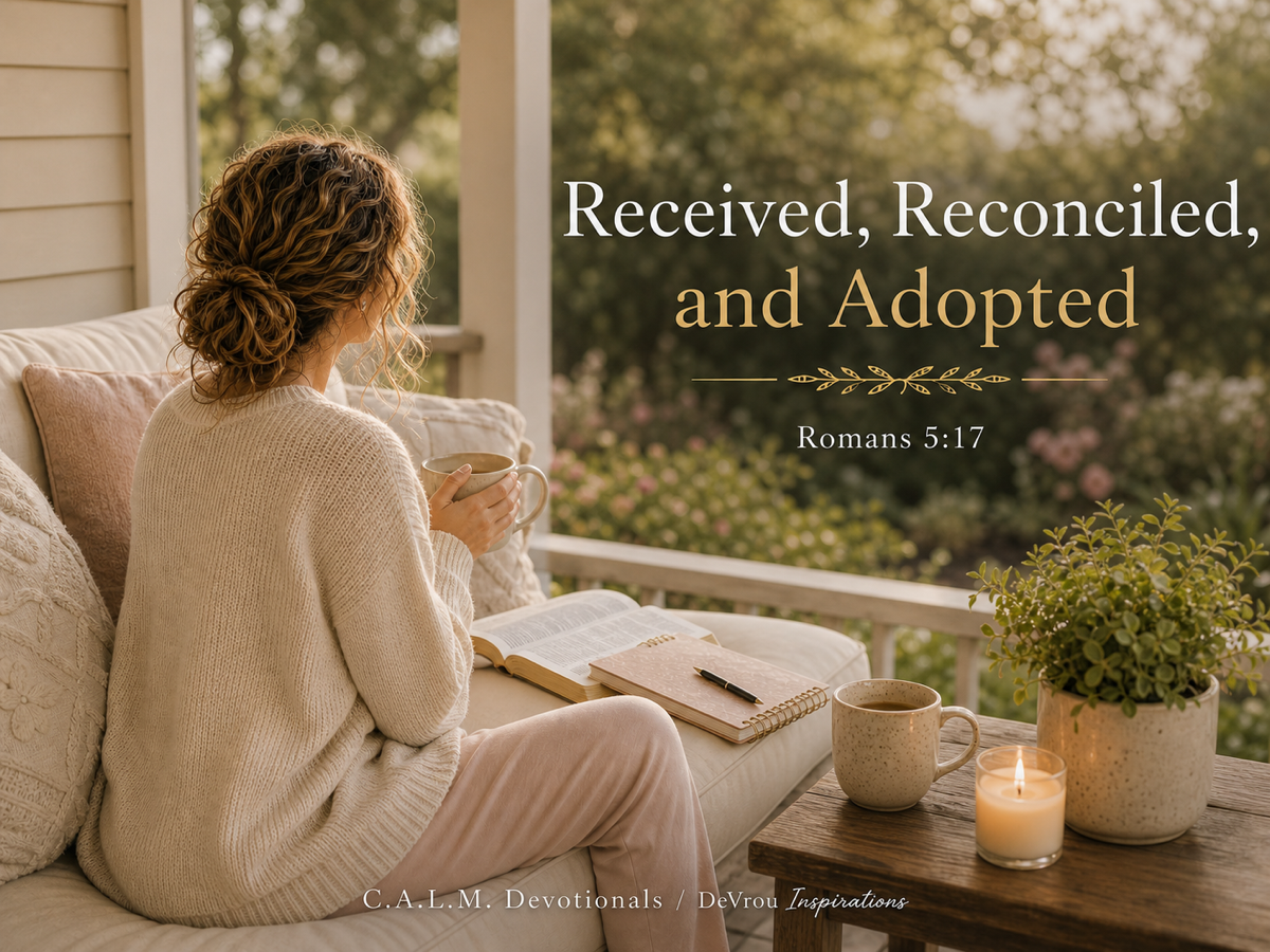 Pamela sits turned away on a peaceful porch in a cream knit sweater, reading her open Bible beside a journal, candle, coffee mug, and soft greenery. Text reads “Received, Reconciled, and Adopted,” Romans 5:17, and C.A.L.M. Devotionals / DeVrou Inspirations.