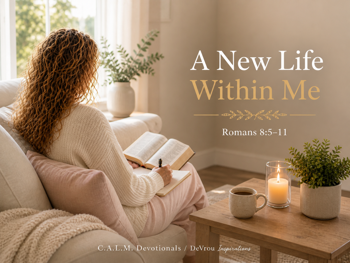 Pamela sits slightly turned away in soft morning light wearing a cream knit sweater, reading Romans 8 in her open Bible beside a journal, candle, coffee mug, and gentle greenery. Text reads “A New Life Within Me,” Romans 8:5–11, and C.A.L.M. Devotionals / DeVrou Inspirations.